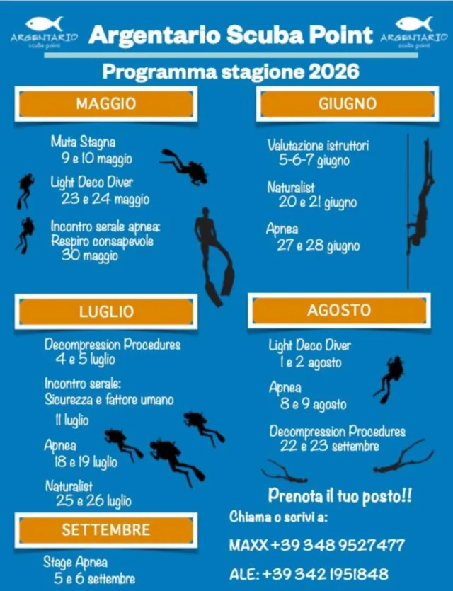 Siete pronti a rimettere la testa sott’acqua?! Preparate l’attrezzatura, la nostra programmazione per la stagione 2026 è online!
Per chi ci sarà, saremo presenti come partecipanti sabato 21 febbraio all’EudiShow di Bologna, ci vediamo li!! 

Presto il calendario con la programmazione delle uscite all’isola di Pianosa.

#subacquea #apnea #diving #freediving
