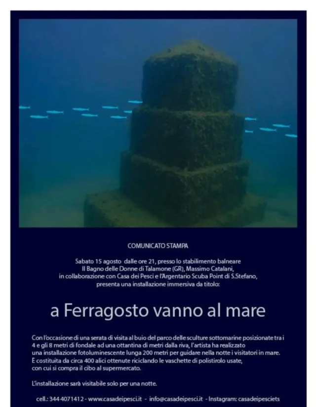 La notte di Ferragosto, vivi con noi un'esperienza unica e irripetibile! ✨🌊
Tuffati sotto la superficie del mare di Talamone, nel parco delle sculture sottomarine, dove troverai un'installazione artistica luminosa di più di 200 metri, realizzata con oltre 400 alici ricavate da sacchetti di polistirolo riciclati, che ti guiderà in un percorso immersivo tra le sculture sommerse. 🐟
Lasciati guidare dalla luce, immergiti nell'arte e scopri il mare da una prospettiva completamente nuova. Info in DM, ti aspettiamo!
#AFerragostoVannoAlMare #ArgentarioScubaPoint #Ferragosto #Sostenibilità #VisitToscana