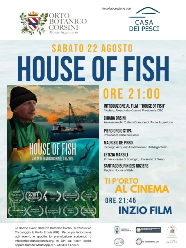 Che fate il 22 agosto? Venite al cinema con noi! L’Orto Botanico Corsini di Porto Ercole ospita una serata speciale dedicata al mare, alla sua biodiversità e alle sfide che ne minacciano l’equilibrio. La serata inizierà alle 21:00 con un tavolo di discussione con illustri ospiti, e poi alle 21:45 ci sarà la proiezione di HOUSE OF FISH, il film di Santiago Burin des Roziers. Gradita la prenotazione, scrivete a info@ortobotanicocorsini.org oppure prenotate via WhatsApp al +39 331 4172072

#ambiente #eventitoscana #sealovers #argentarioscubapoint #monteargentario