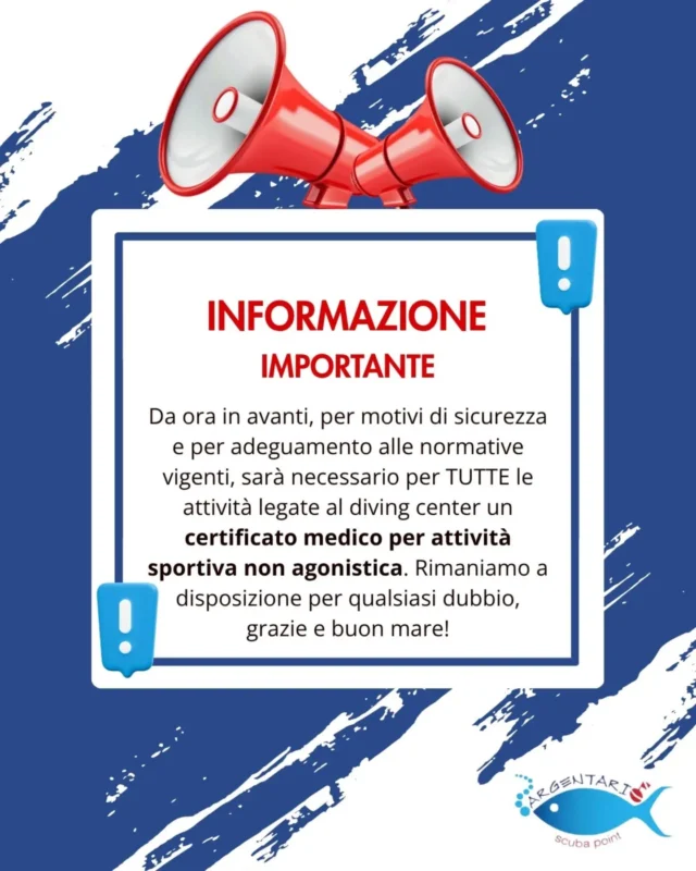 🇮🇹 Da ora in avanti, per motivi di sicurezza e per adeguamento alle normative vigenti, sarà necessario per TUTTE le attività legate al diving center un certificato medico per attività sportiva non agonistica. Rimaniamo a disposizione per qualsiasi dubbio, grazie e buon mare!

🇬🇧 From now on, for safety reasons and to comply with current regulations, a medical certificate for non-competitive sports will be required for ALL activities related to the diving center. Please feel free to contact us with any questions. Thank you, and enjoy the sea!

#safetyfirst #argentarioscubapoint #tuscany #diving #sealovers